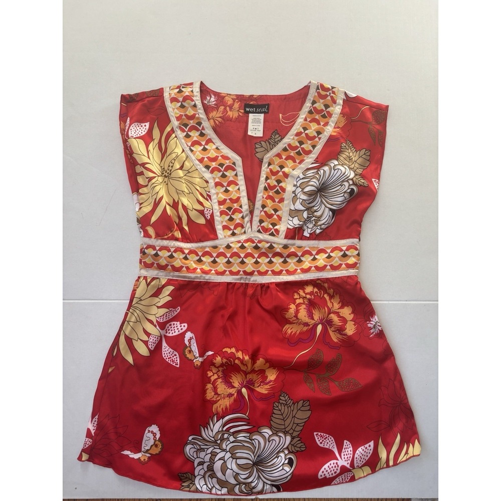 Wet Seal Babydoll Shirt Sz Small Red Floral Asian Inspired Sleeveless Y2K Top